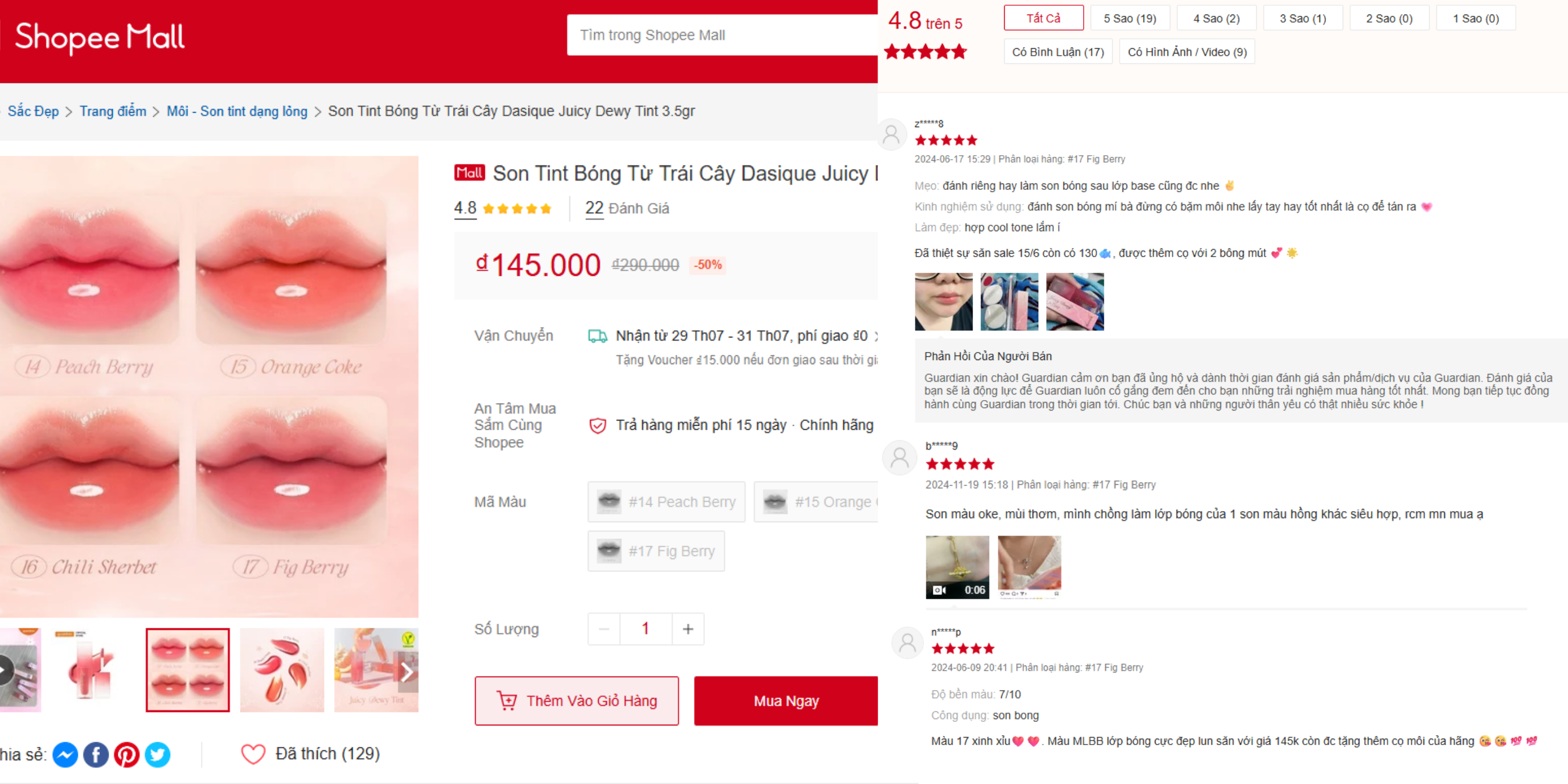  Son tint bóng Dasique Juicy Dewy Tint với màu sắc tươi tắn, hiệu ứng mọng nước như trái cây.