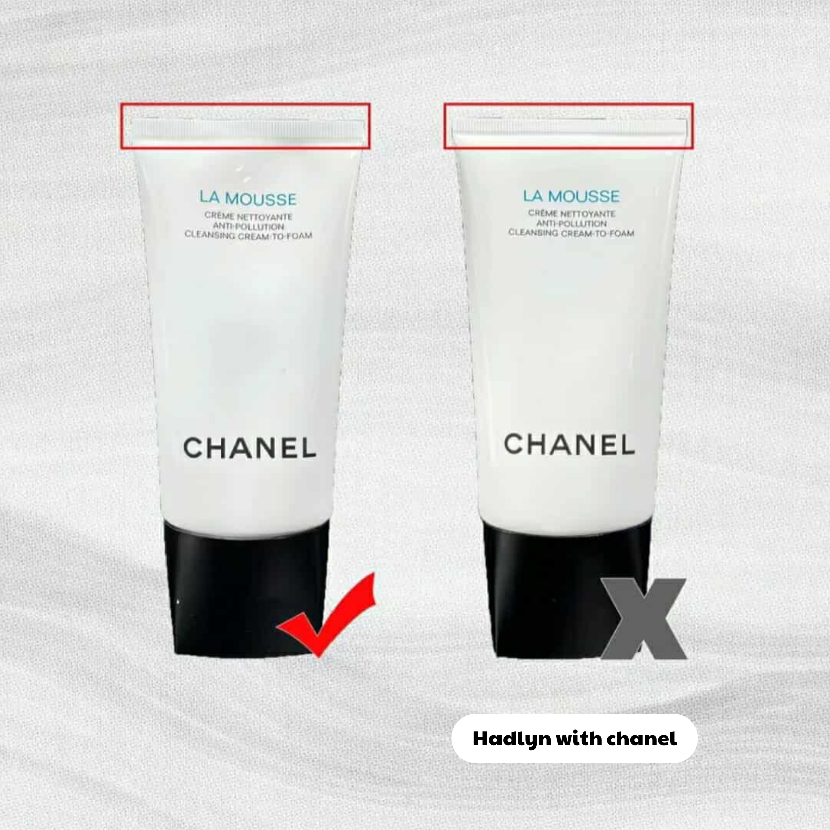 Phần đuôi tuýp sữa rửa mặt Chanel La Mousse thật và giả