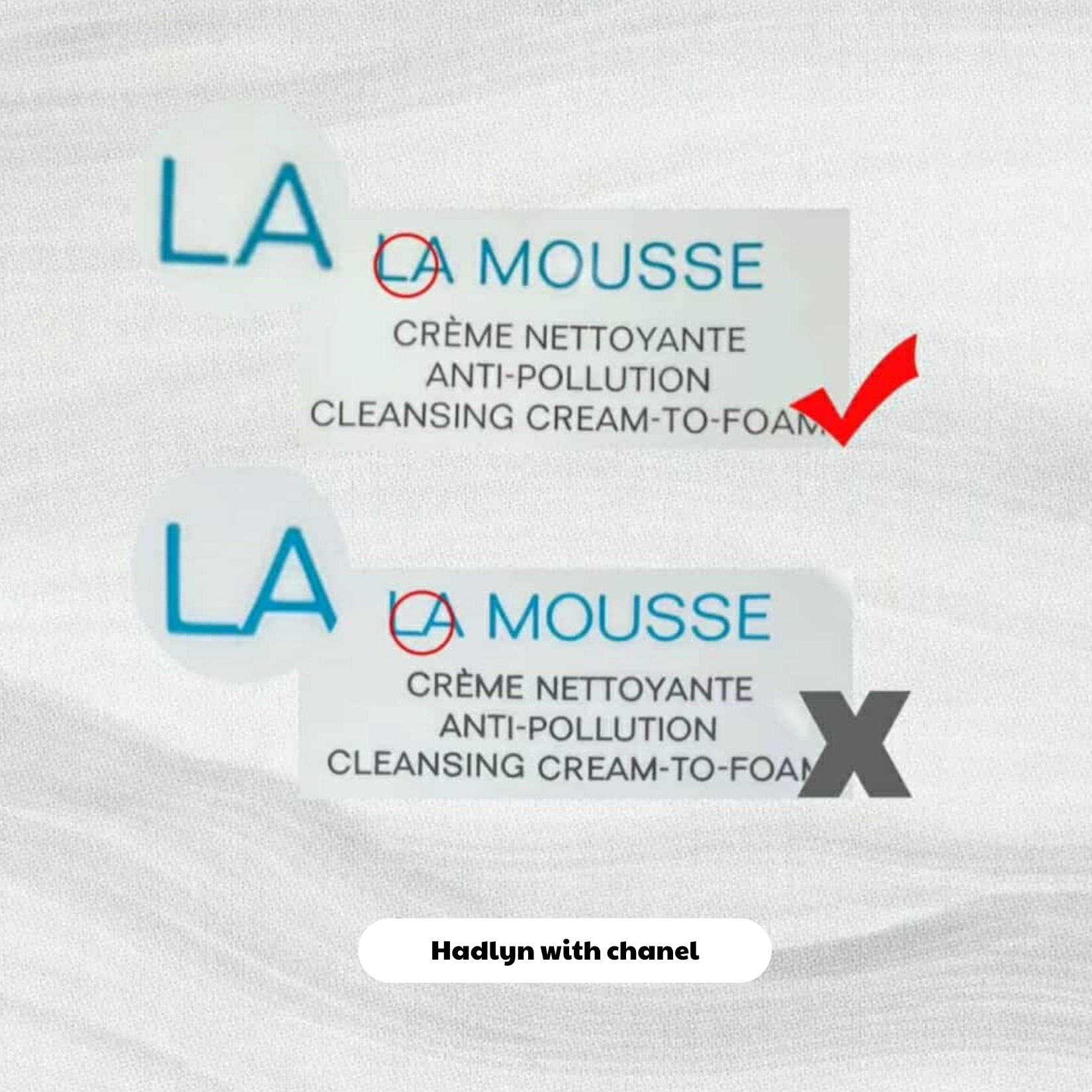 Khoảng cách chữ “LA MOUSSE” trên thân tuýp Chanel La Mousse thật và giả