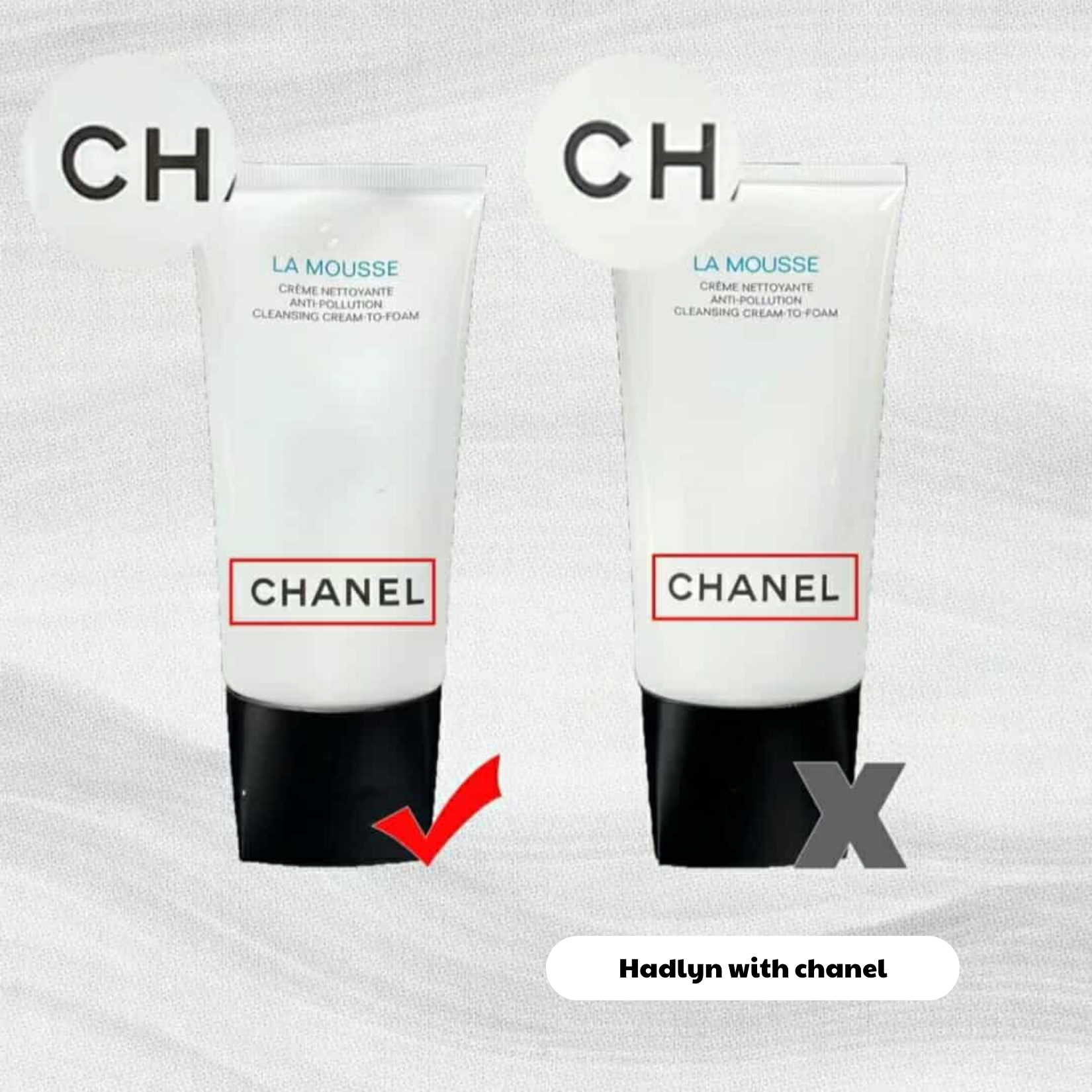 Font chữ logo CHANEL trên tuýp Chanel La Mousse thật và giả