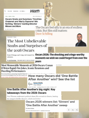 Oscar 2026: Thảm đỏ hóa "chiến tuyến" và cuộc viễn chinh của những kẻ thống trị spotlight 3 Trong dòng chảy ấy, báo chí gần như không cần tiết chế khi liên tiếp tung ra những headline đắt giá về “đêm của những kẻ thống trị”, hay một cuộc đua tưởng chừng khốc liệt nhưng rốt cuộc lại khép lại dưới bước chân của một đế chế mới.